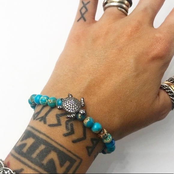 Blue sea jasper & black rodhium cz turtle bracelet - Picture 3 of 8